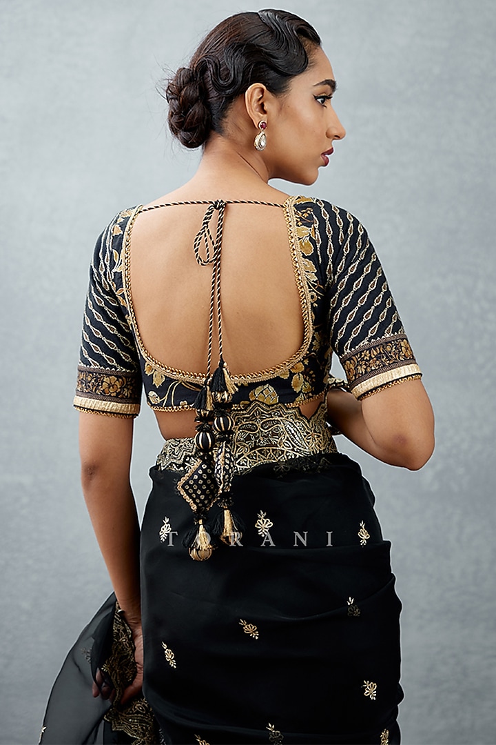 Torani - Black Slub Silk Embroidered Gota Work Plunge Gulghast Yasmin  Blouse For Women