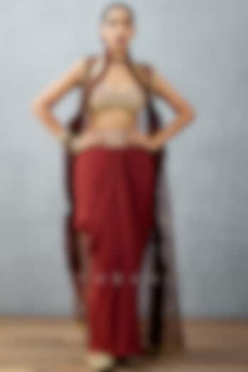 Red Silk Embroidered Cape Set by TORANI at Pernia's Pop Up Shop