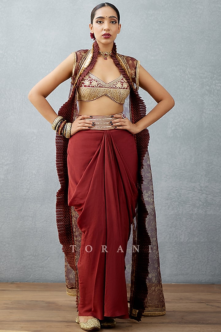 Red Silk Embroidered Cape Set by TORANI at Pernia's Pop Up Shop