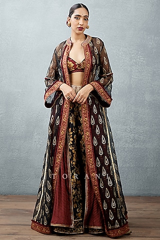 Red & Jet Black Embroidered Cape Set by TORANI