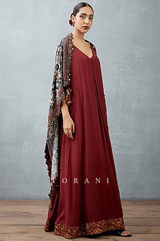 Burgundy Printed Scarf by TORANI