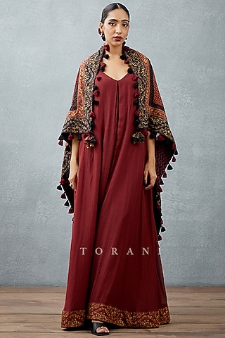 Burgundy Silk Printed Scarf by TORANI