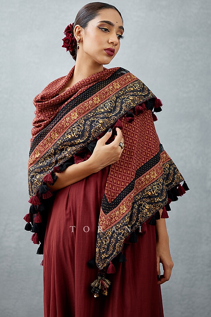 Burgundy Silk Printed Scarf by TORANI at Pernia's Pop Up Shop