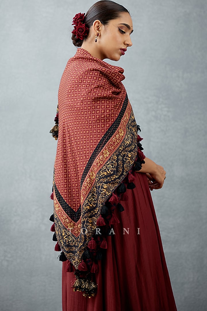 Burgundy Silk Printed Scarf by TORANI at Pernia's Pop Up Shop