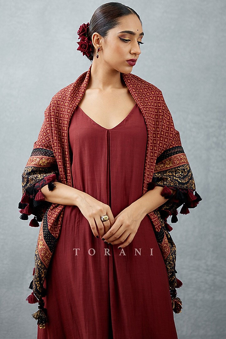Burgundy Silk Printed Scarf by TORANI at Pernia's Pop Up Shop
