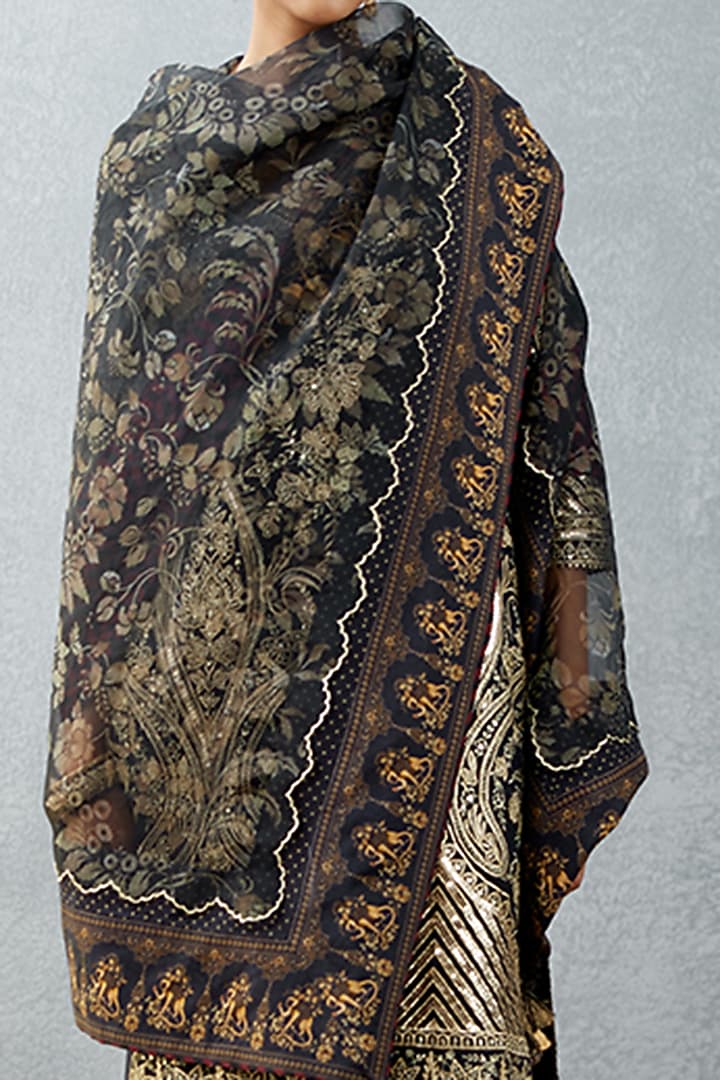 Jet Black Embroidered Scarf by TORANI at Pernia's Pop Up Shop