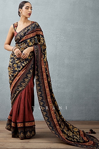 Jet Black Slub Silk Bhagalpuri Printed Saree  by TORANI