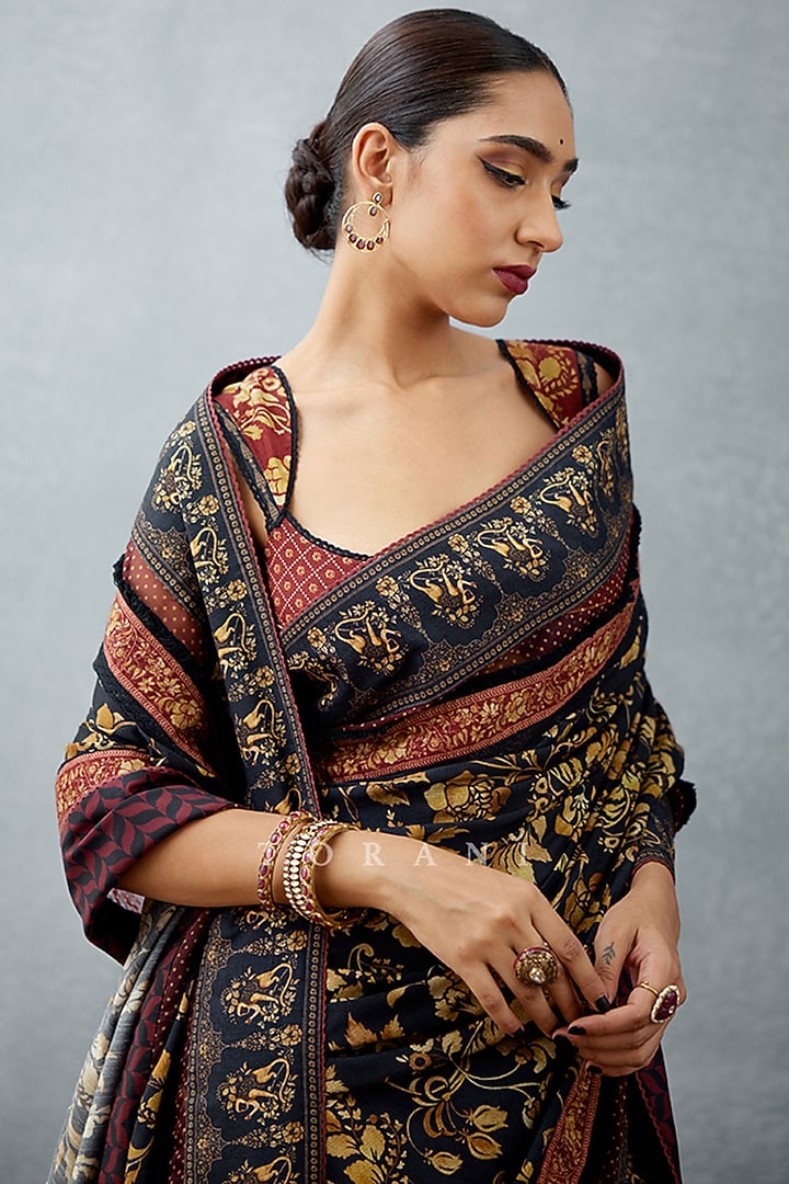 Jet Black Slub Silk Bhagalpuri Printed Party Wear Saree by TORANI at Pernia's Pop Up Shop