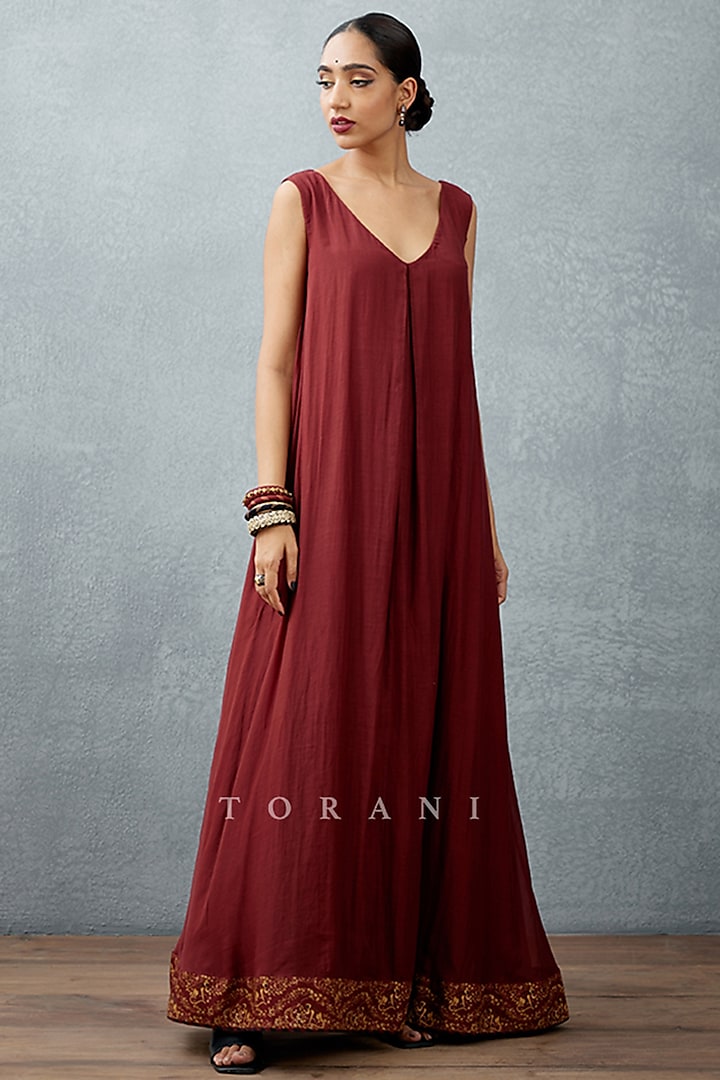 Red Slub Silk Printed Dress by TORANI