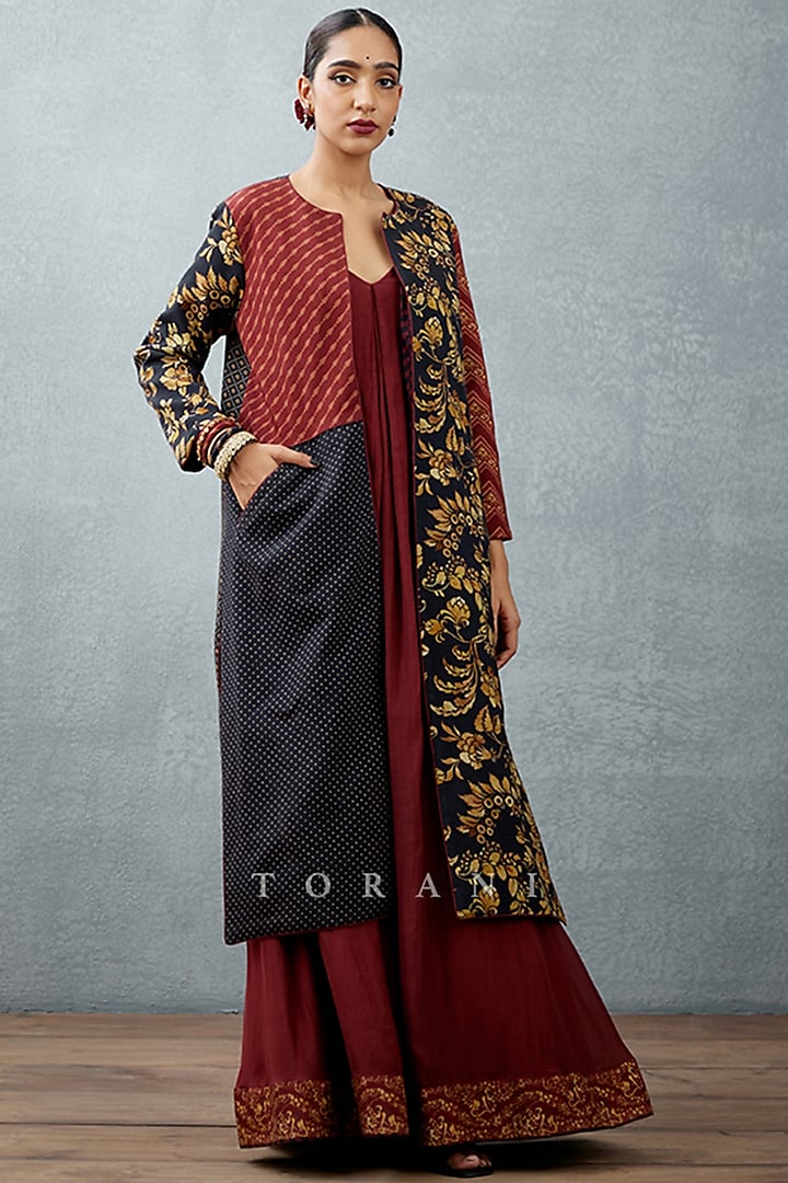 Red & Black Silk Printed Long Jacket by TORANI