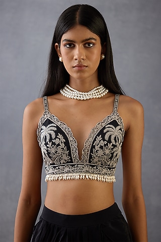 Black Slub Silk & Cotton Silk Hand Embroidered Blouse by TORANI