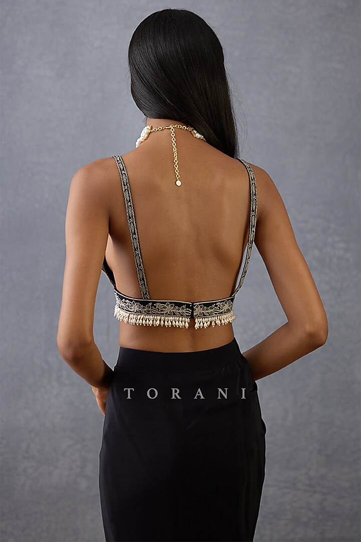Black Slub Silk & Cotton Silk Hand Embroidered Blouse by TORANI at Pernia's Pop Up Shop
