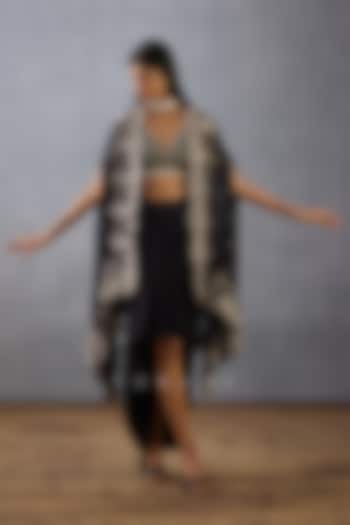 Black Silk Organza Hand Embroidered & Hand Block Printed Jacket by TORANI at Pernia's Pop Up Shop