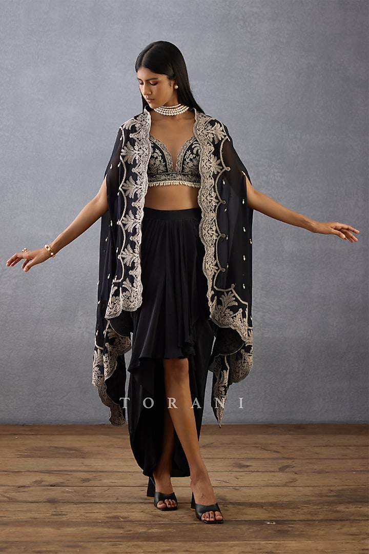 Black Silk Organza Hand Embroidered & Hand Block Printed Jacket by TORANI at Pernia's Pop Up Shop