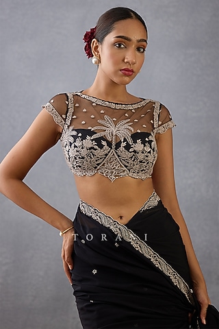 Black Butterfly Net & Cotton Silk Hand Embroidered Blouse by TORANI