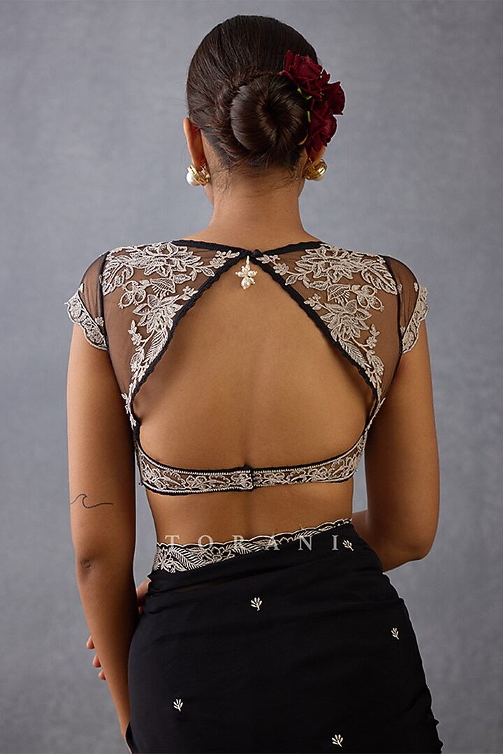 Black Butterfly Net & Cotton Silk Hand Embroidered Blouse by TORANI at Pernia's Pop Up Shop