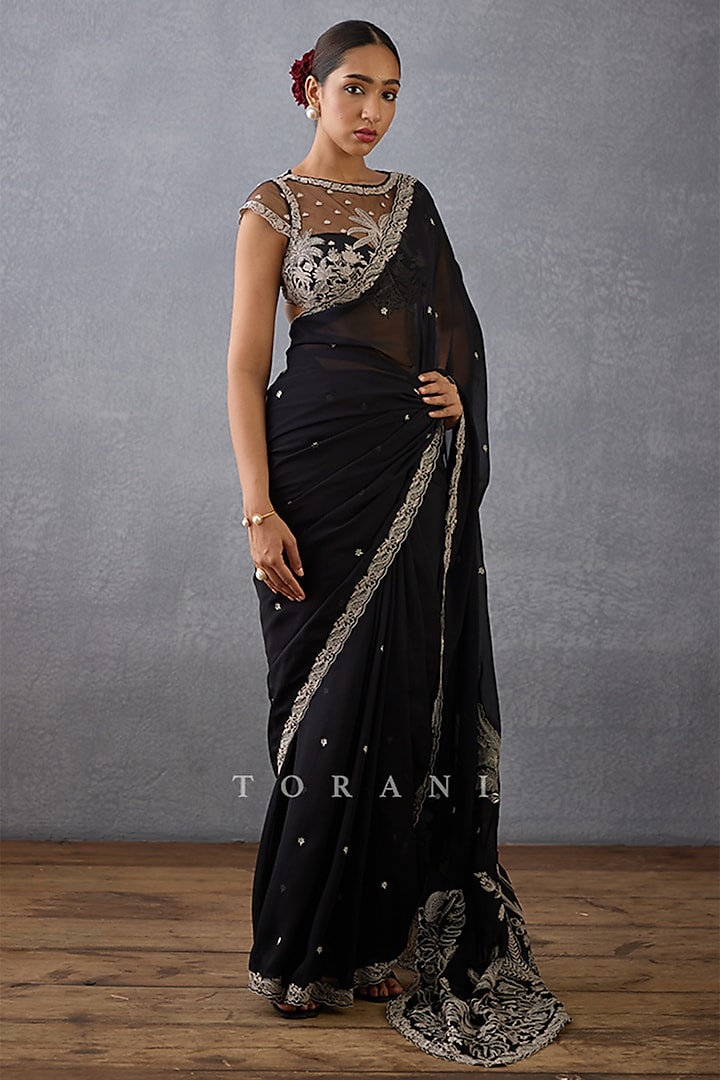 Black Silk Organza & Butterfly Net Hand Embroidered Saree Set by TORANI at Pernia's Pop Up Shop