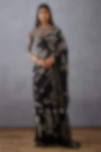 Black Silk Organza & Butterfly Net Hand Embroidered Wedding Saree  by TORANI at Pernia's Pop Up Shop