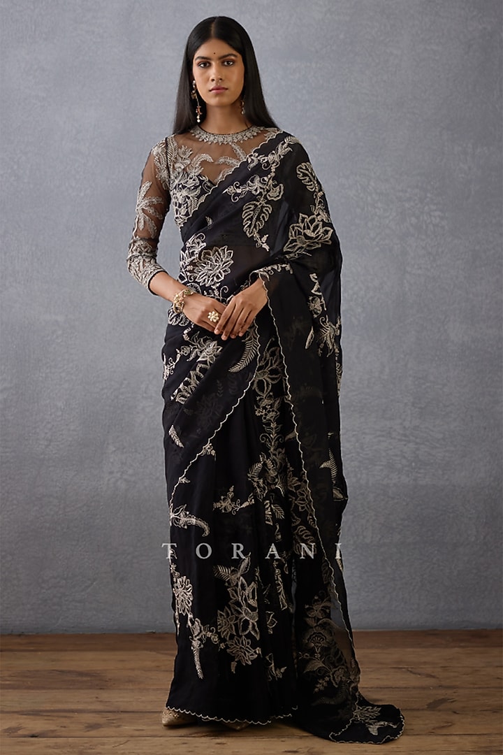 Black Silk Organza & Butterfly Net Hand Embroidered Wedding Saree  by TORANI at Pernia's Pop Up Shop