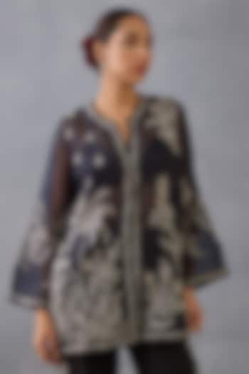 Black Silk Organza Hand Embroidered & Hand Block Printed Jacket by TORANI at Pernia's Pop Up Shop