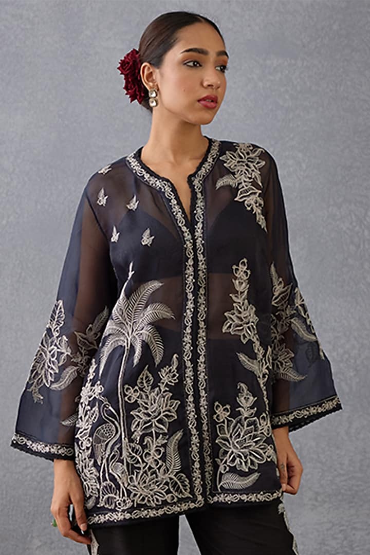 Black Silk Organza Hand Embroidered & Hand Block Printed Jacket by TORANI at Pernia's Pop Up Shop