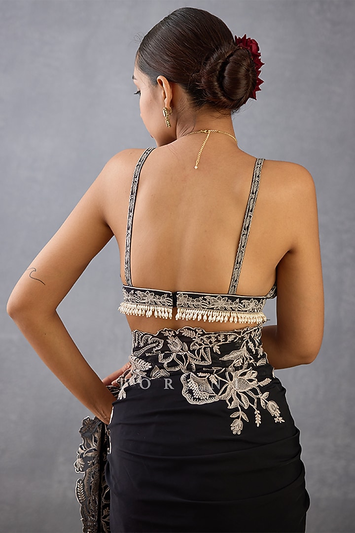 Black Slub Silk & Cotton Silk Hand Embroidered Blouse by TORANI at Pernia's Pop Up Shop