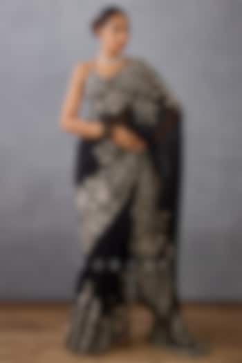 Black Silk Organza Hand Embroidered Reception Saree by TORANI at Pernia's Pop Up Shop