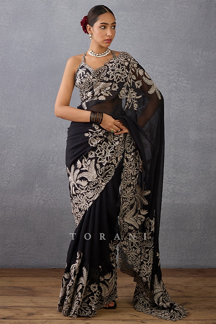 Black Silk Organza Hand Embroidered Reception Saree by TORANI at Pernia's Pop Up Shop