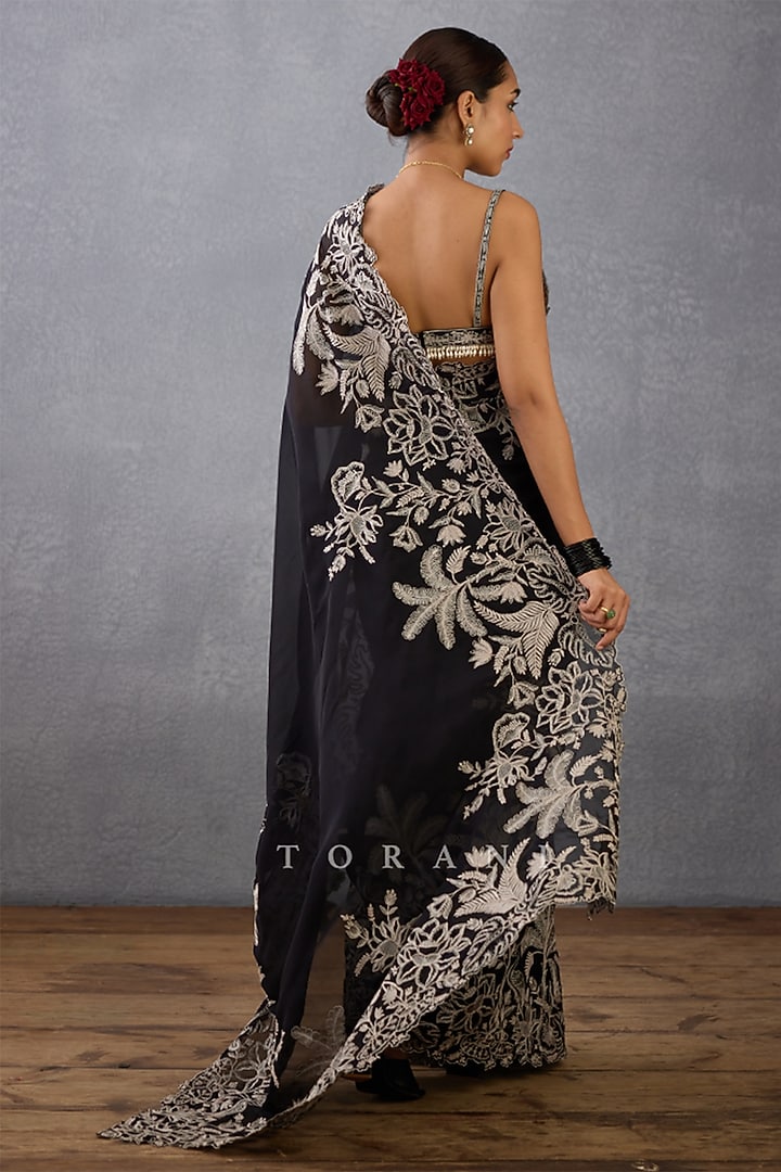 Black Silk Organza Hand Embroidered Reception Saree by TORANI at Pernia's Pop Up Shop