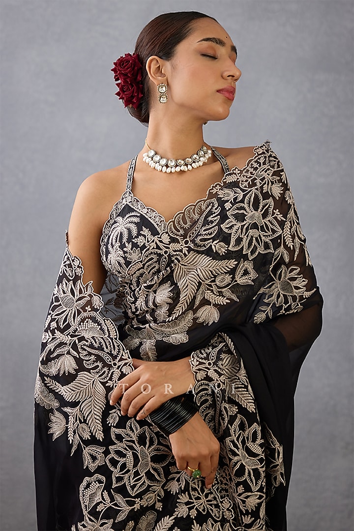 Black Silk Organza Hand Embroidered Reception Saree by TORANI at Pernia's Pop Up Shop