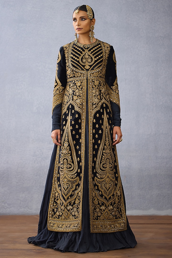 Black Muslin Silk Embroidered Jacket Party Wear Dress by Torani at Pernia's Pop Up Shop