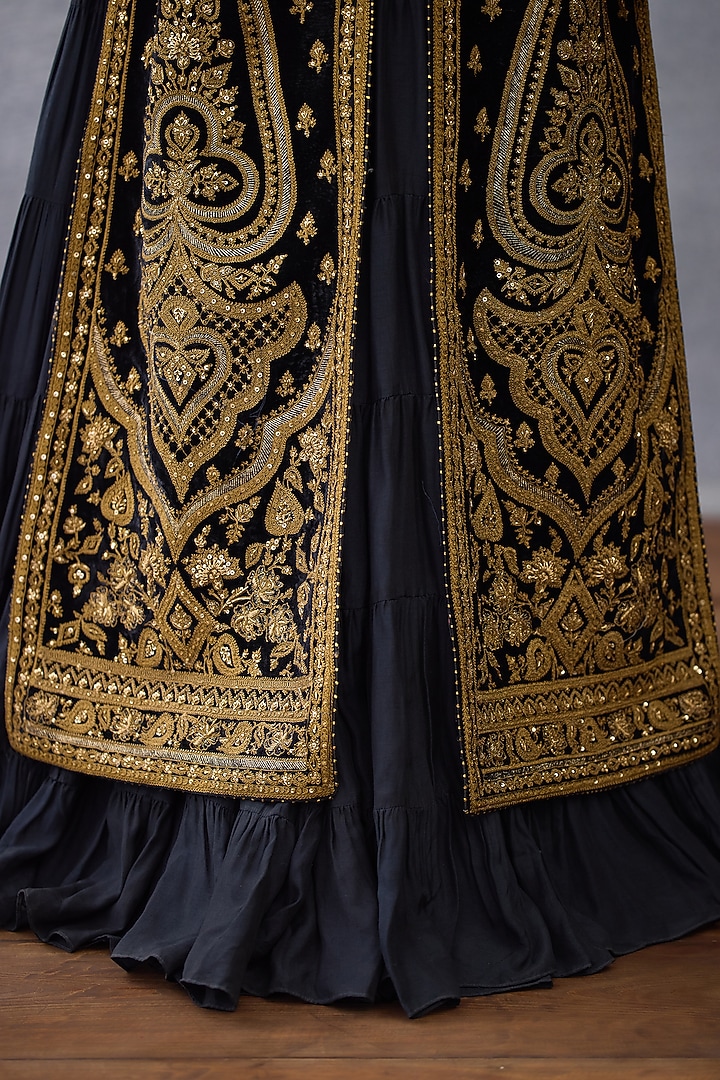 Black Muslin Silk Embroidered Jacket Party Wear Dress by Torani at Pernia's Pop Up Shop