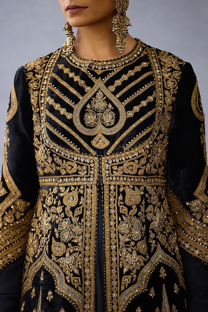 Black Muslin Silk Embroidered Jacket Party Wear Dress by Torani at Pernia's Pop Up Shop