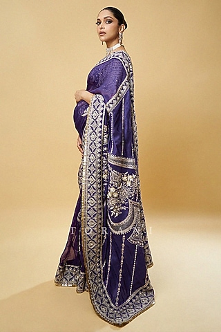 Purple Organza Embroidered Saree Set by TORANI