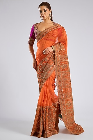 Orange Jeni Silk & Organza Embroidered Saree Set by TORANI