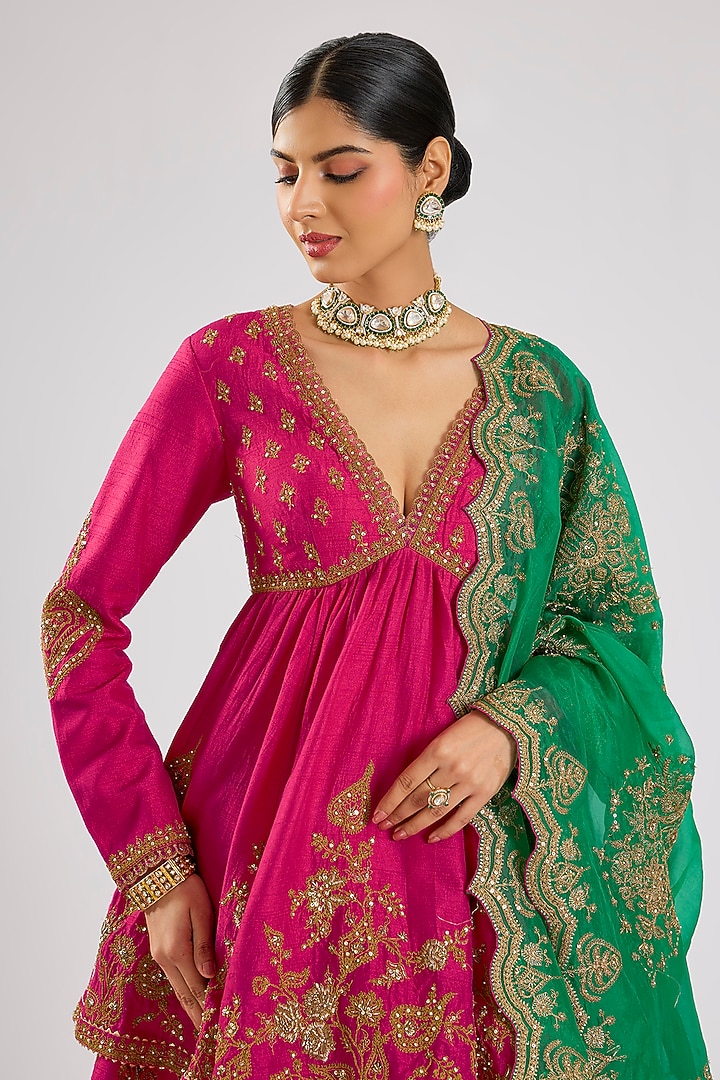 Hot Pink Jeni Silk Zari Embroidered Bridal Lehenga Set by TORANI at Pernia's Pop Up Shop