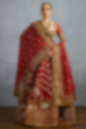 Red Jeni Silk & Organza Embroidered Bridal Lehenga Set by TORANI at Pernia's Pop Up Shop