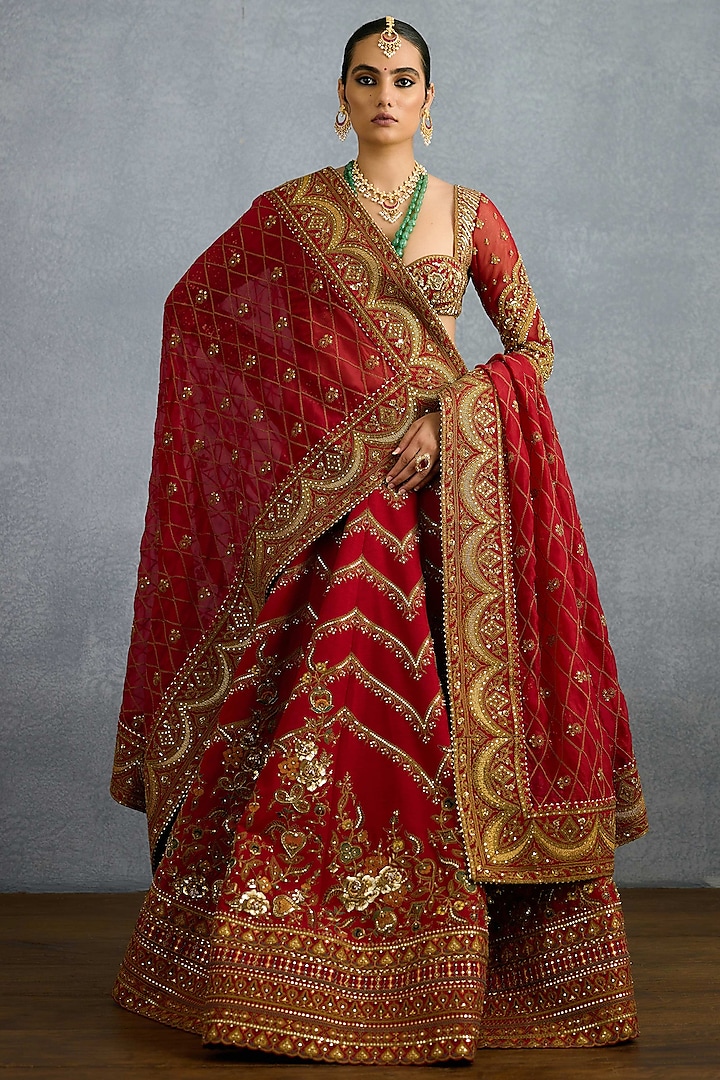 Red Jeni Silk & Organza Embroidered Bridal Lehenga Set by TORANI at Pernia's Pop Up Shop