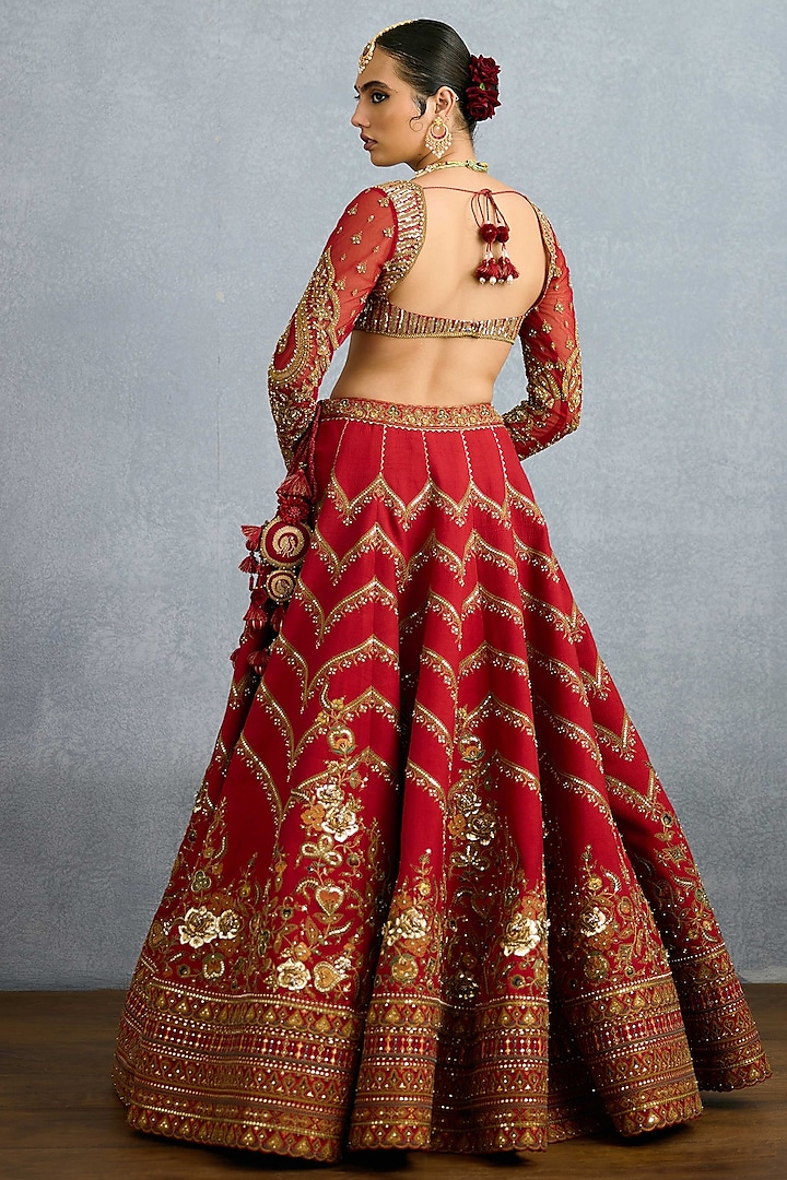 Red Jeni Silk & Organza Embroidered Bridal Lehenga Set by TORANI at Pernia's Pop Up Shop