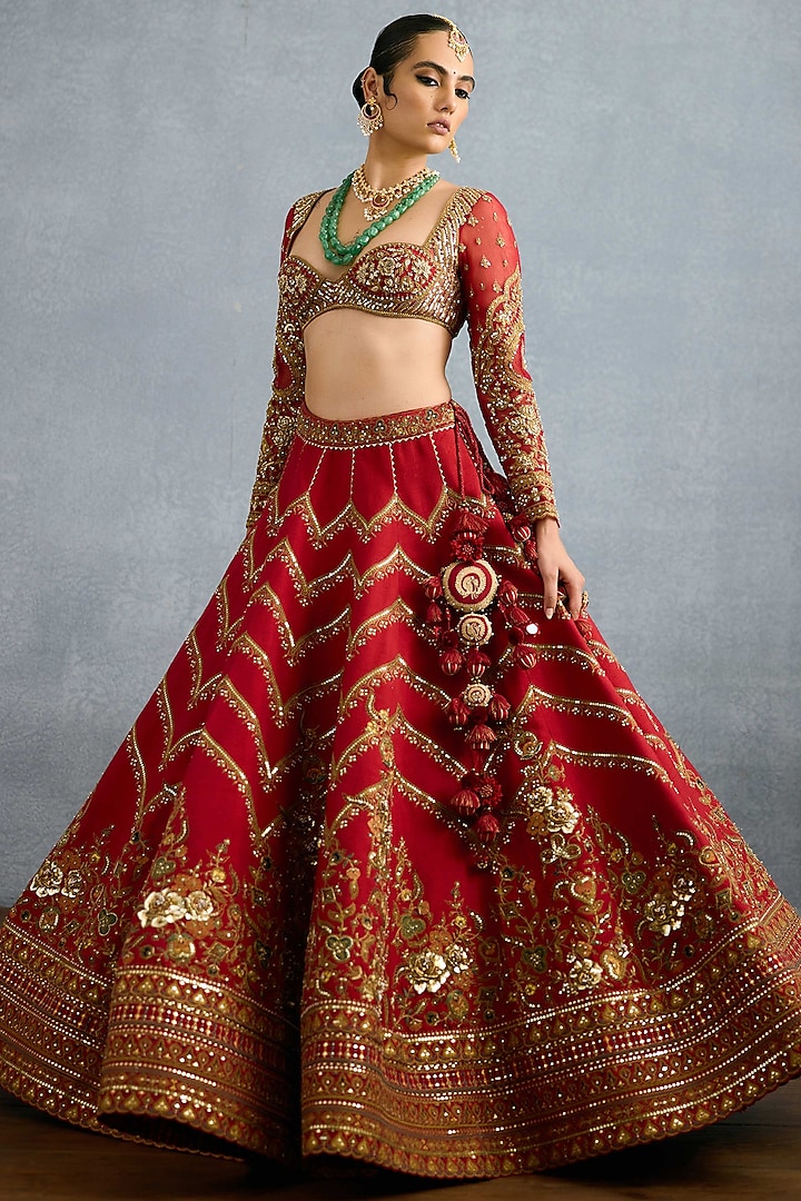 Red Jeni Silk & Organza Embroidered Bridal Lehenga Set by TORANI at Pernia's Pop Up Shop