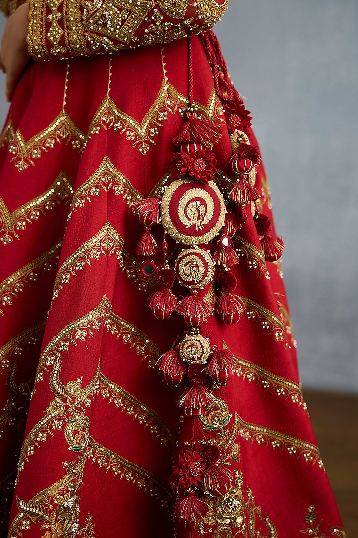 Red Jeni Silk & Organza Embroidered Bridal Lehenga Set by TORANI at Pernia's Pop Up Shop