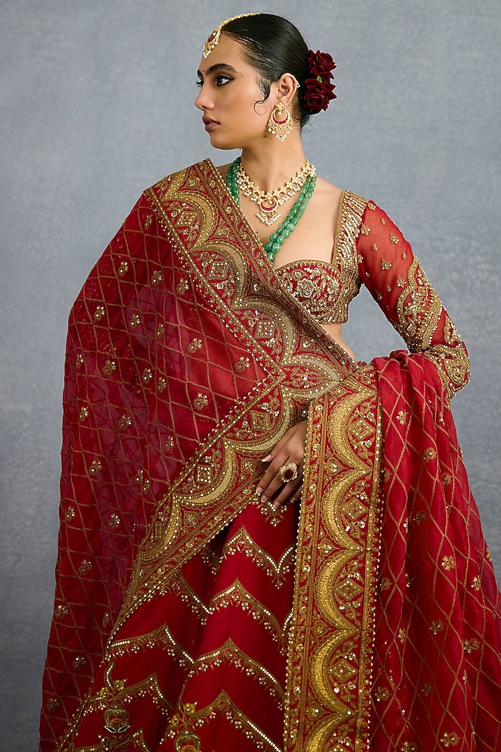 Red Jeni Silk & Organza Embroidered Bridal Lehenga Set by TORANI at Pernia's Pop Up Shop