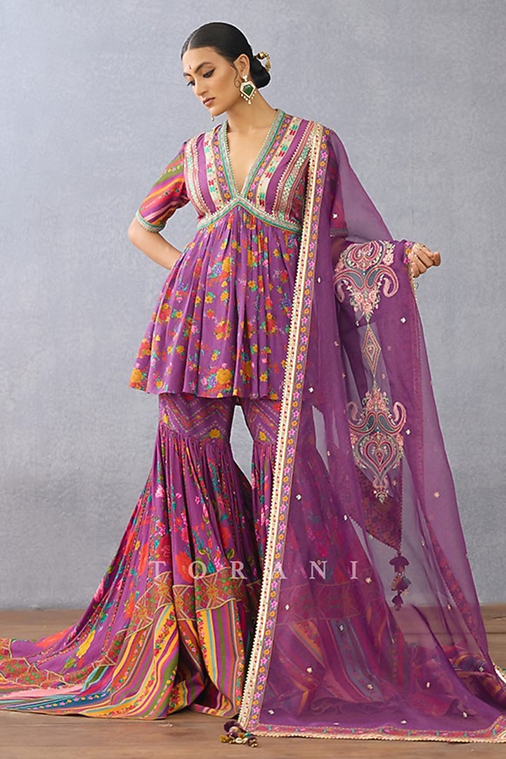 Purple Slub Silk Digital Printed Bridal Sharara Set by TORANI at Pernia's Pop Up Shop