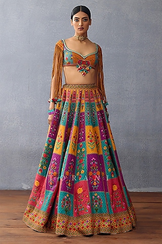 Multi-Colored Raw Silk & Jeni Silk Digital Printed Lehenga Set by TORANI