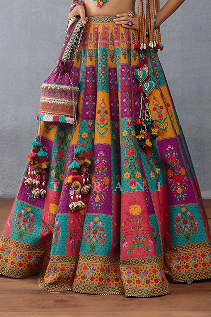 Multi-Colored Raw Silk & Jeni Silk Digital Printed Wedding Lehenga Set by TORANI at Pernia's Pop Up Shop