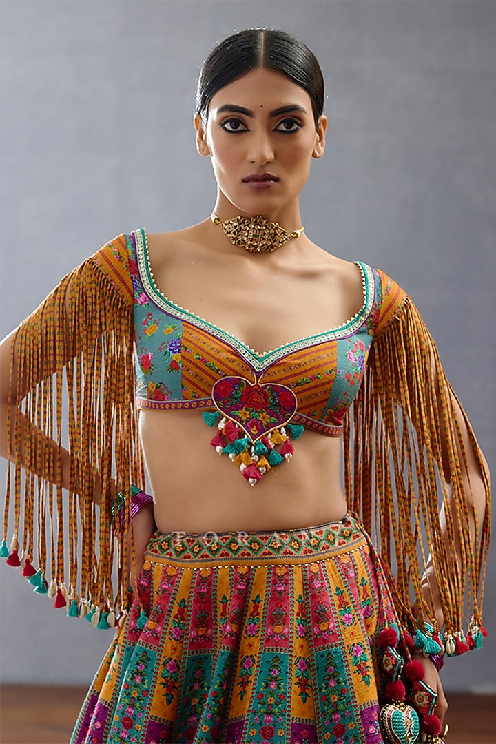 Multi-Colored Raw Silk & Jeni Silk Digital Printed Wedding Lehenga Set by TORANI at Pernia's Pop Up Shop