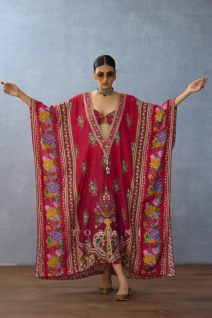 Red Slub Silk & Muslin Silk Kaftan With Bustier by TORANI at Pernia's Pop Up Shop