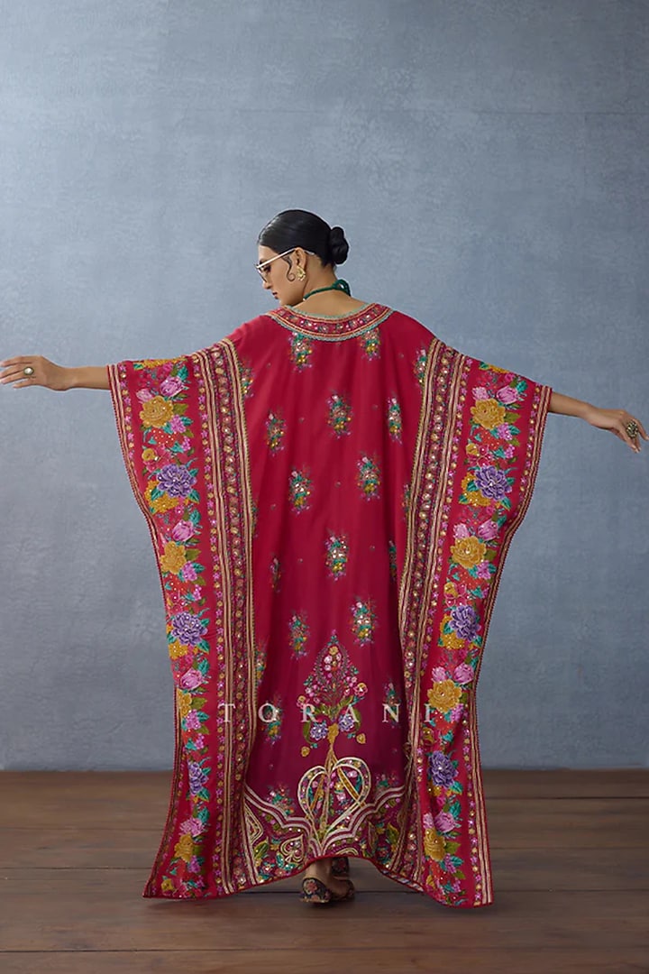 Red Slub Silk & Muslin Silk Kaftan With Bustier by TORANI at Pernia's Pop Up Shop