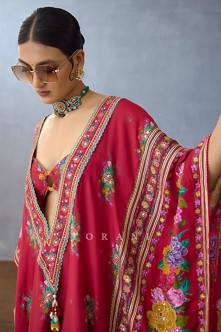 Red Slub Silk & Muslin Silk Kaftan With Bustier by TORANI at Pernia's Pop Up Shop