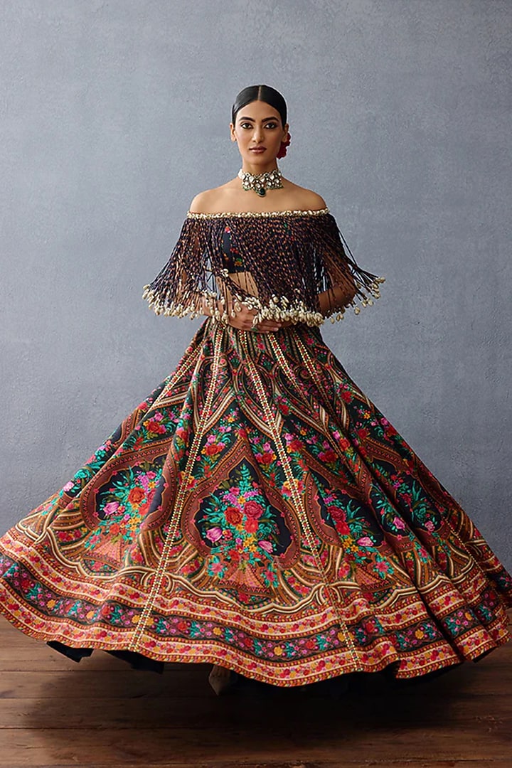 Black Raw Silk Printed Bridal Lehenga Set by TORANI at Pernia's Pop Up Shop